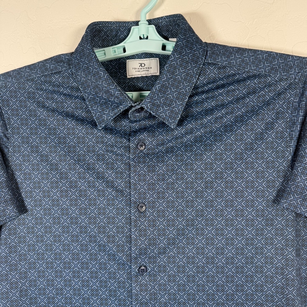7 Diamonds Shirt Mens Medium Blue 4 Way Stretch Button Up Textured Knit Casual